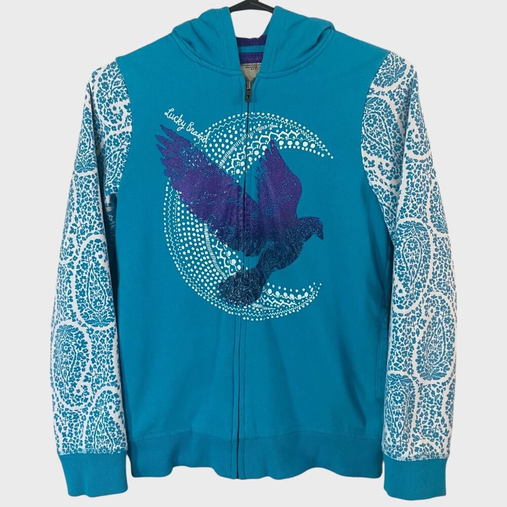 Lucky Brand Plush Lined Zip-Up Hoodie Girls Large 14/16 Blue Graphic Sweatshirt